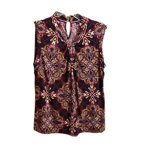 Tommy Hilfiger Shirt Women SZ M Blue Red Tile Medallion Twist V Neck Sleeveless